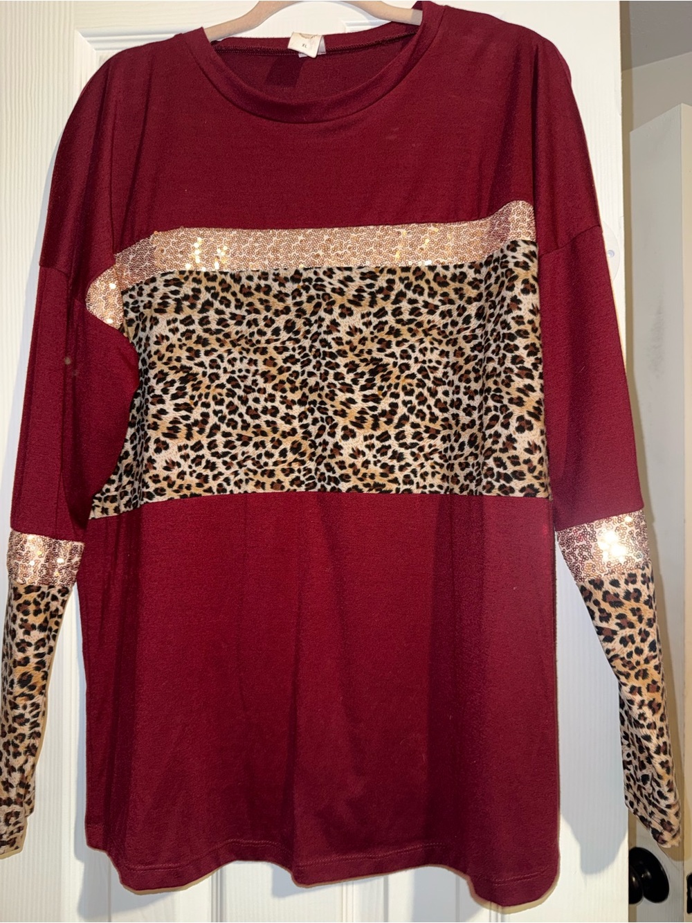 Women’s Burgundy Leopard-Trim Long Sleeve Top